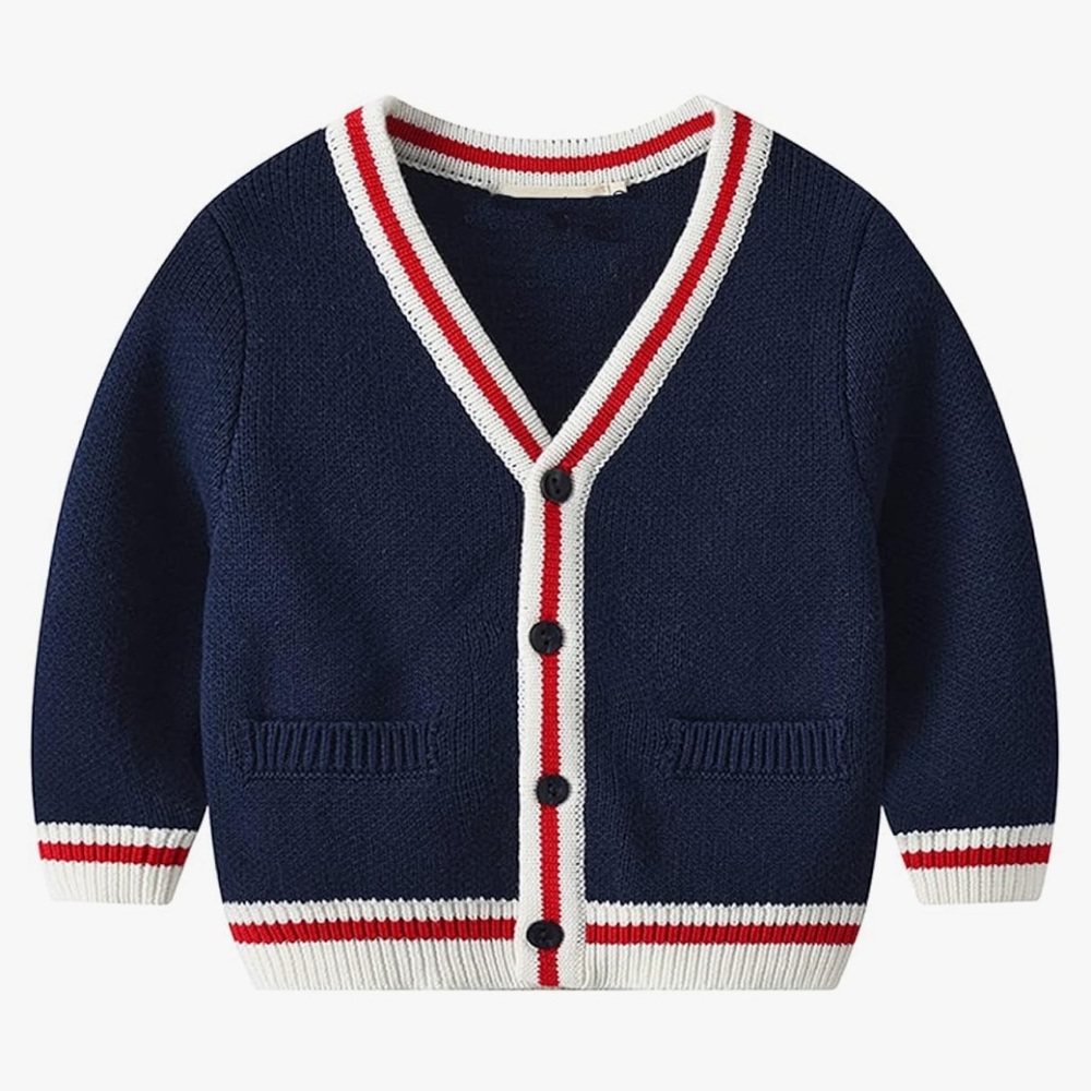 Sz 110(3-4yrs) boys Navy Blue Kids Cardigan knit with Red and White Trim